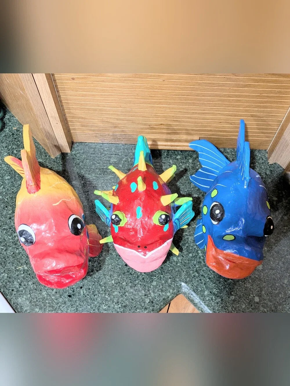 Paper Mache 3 Large Colorful Fish. Beautiful Decorative Set. EUC